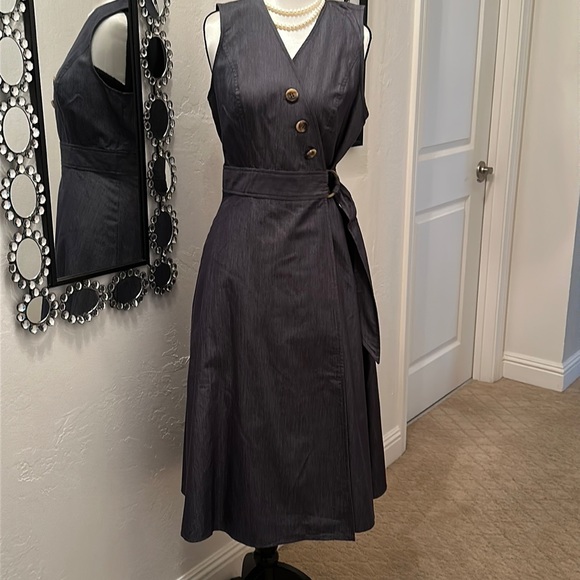 Calvin Klein Dresses & Skirts - Calvin Klein Denim Faux Wrap dress with button and waist tie detail